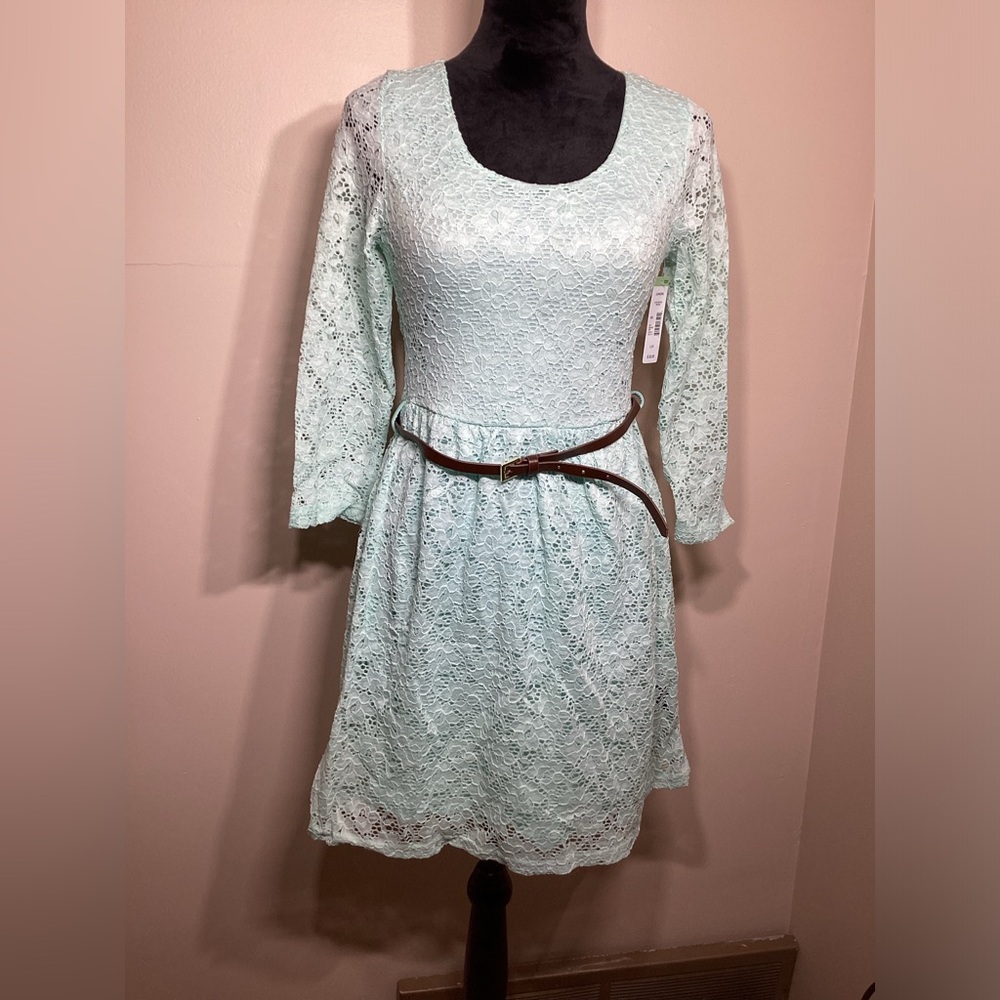 Justify Mint Green Lace Belted Skater Dress Size Large
